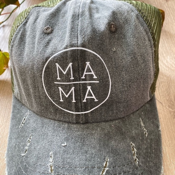 MAMA Ponytail Trucker Hat Baseball Hat Green  Distressed Vintage Wash - Picture 4 of 5